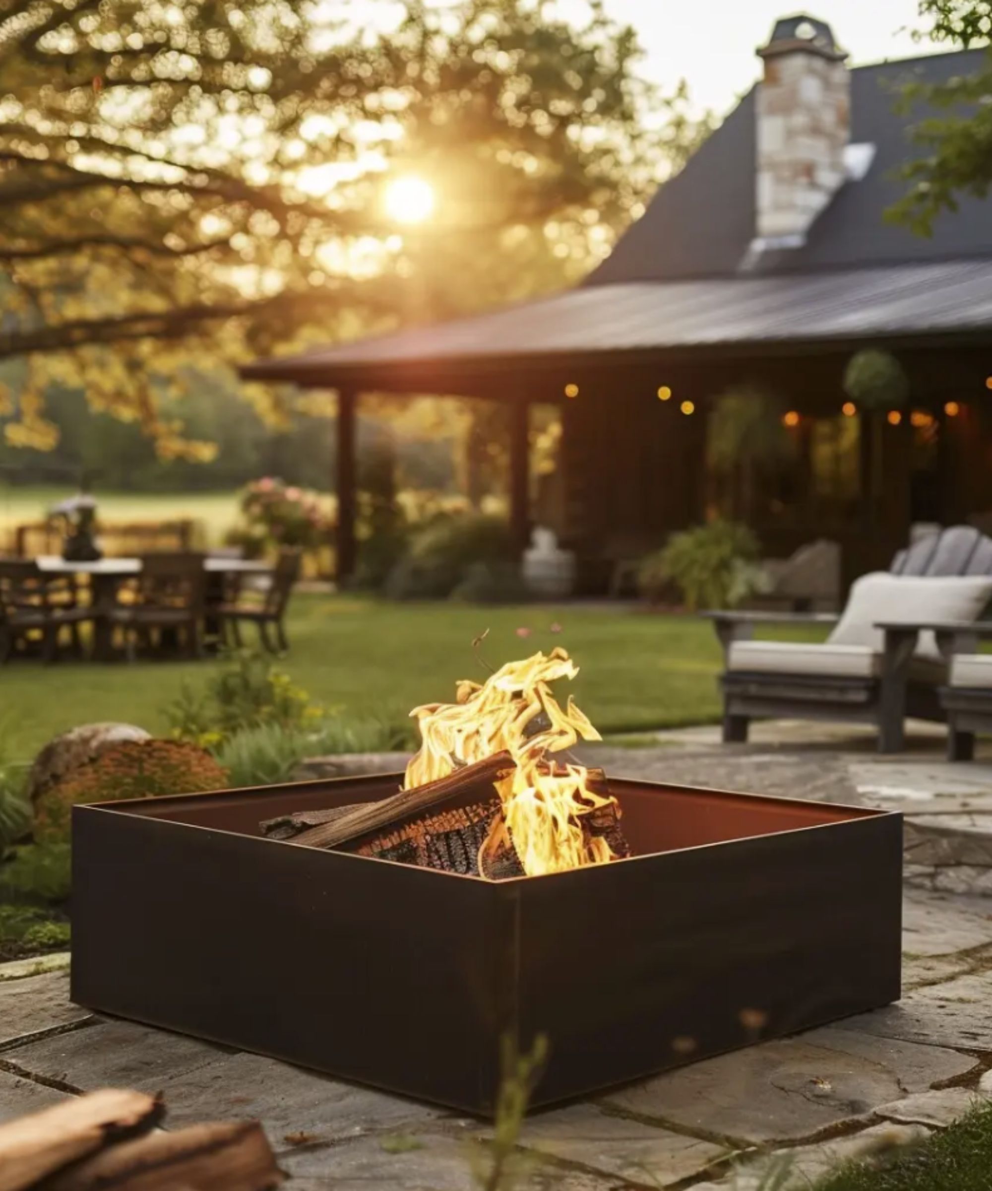 square firepit lit in a yard as the sun sets with the house in the background