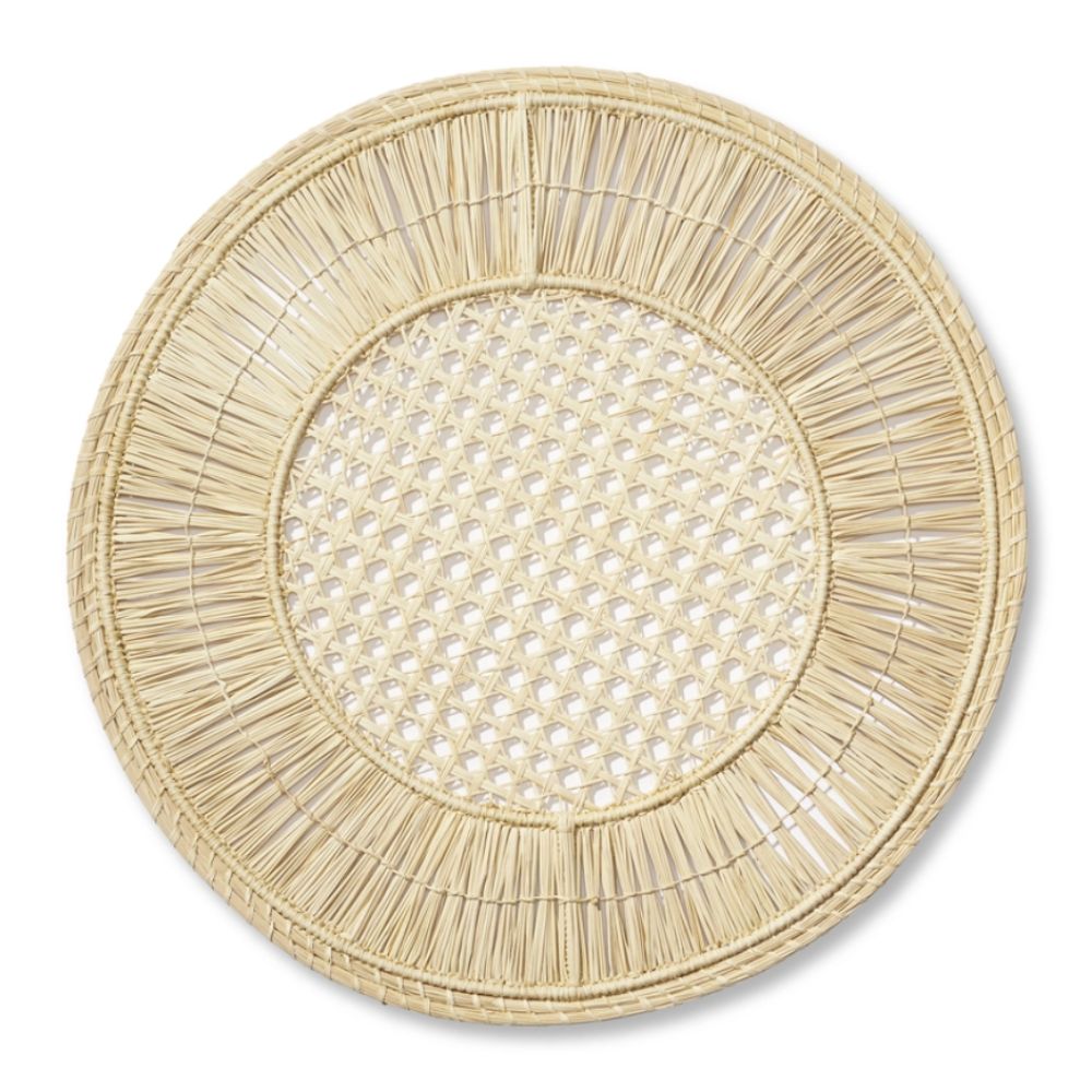 woven raffia placemat on white background